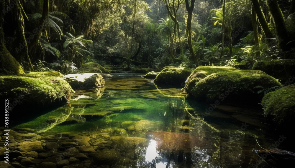 Fototapeta premium Tranquil scene of a tropical rainforest waterfall generated by AI