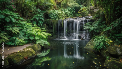 Tranquil scene of flowing water in forest generated by AI