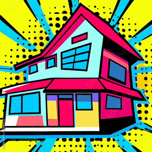 Vector graphic pop art style wall art,  with house