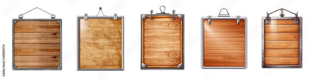 Set of empty wooden hanging board with metallic frame. Generative AI Set of empty wooden hanging board with metallic frame. Generative AI