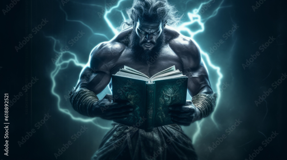 Male sculpture of a deity, muscular and brutal Zeus with lightning and a book. Created with AI.