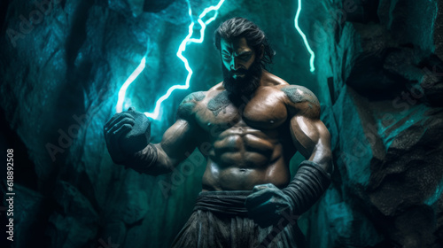 Male figure of a mythological deity, muscular Zeus the lord of lightning in a cave. Created with AI.