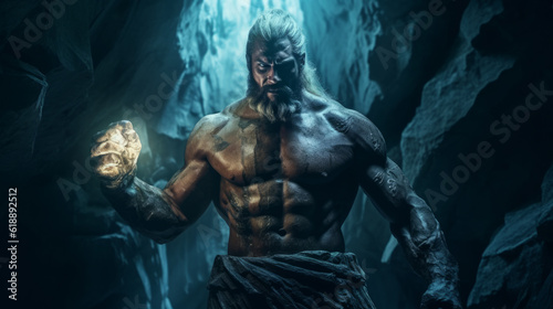 Male figure of a mythological deity, muscular Zeus the lord of lightning in a cave. Created with AI.