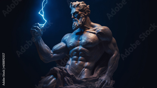 Male statue of a Roman deity, muscular Zeus with lightning in his hands in Olympus. Created with AI.