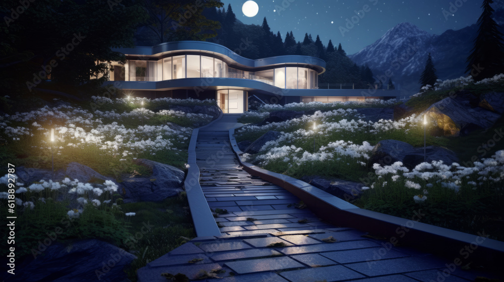 View of a designer modern mansion at night, a house with a courtyard area made of paving slabs and flower beds. Created in AI.