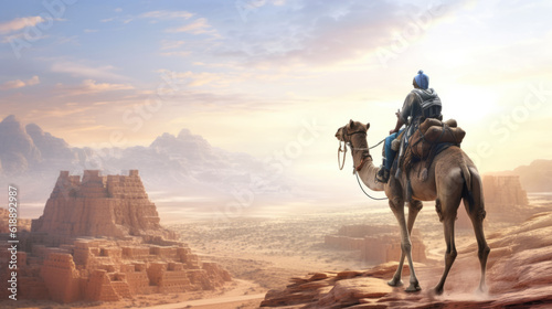 An Arab rider on a camel travels through deserts and canyons. Created with AI