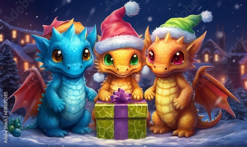 Three super cute hyper realistic dragon babys in Santa's hat with gift boxes. AI generated image.