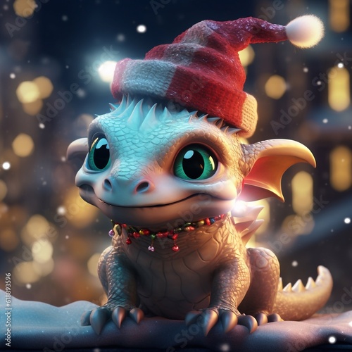 Hyper realistic dragon baby in Santa's hat. AI generated image.