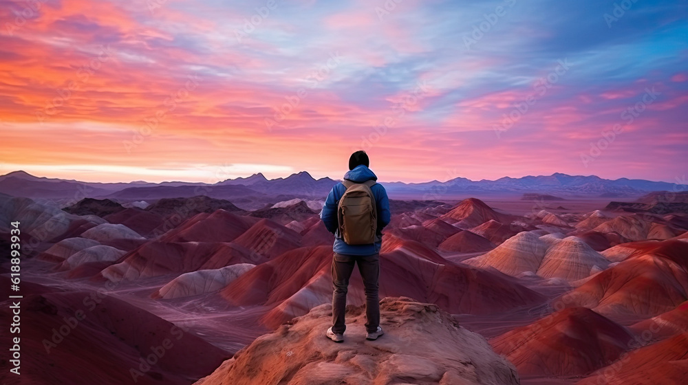 tourist Standing on the top of Zhangye Mountain, China,ai generater.