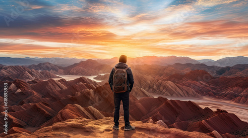 tourist Standing on the top of Zhangye Mountain, China,ai generater.