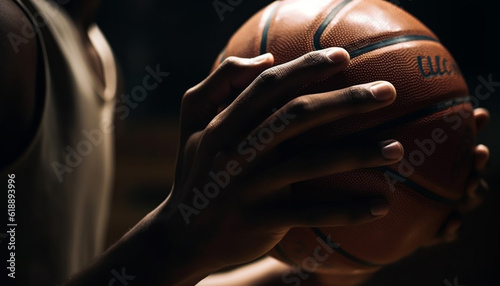 Basketball player holding ball, aiming for basket generated by AI