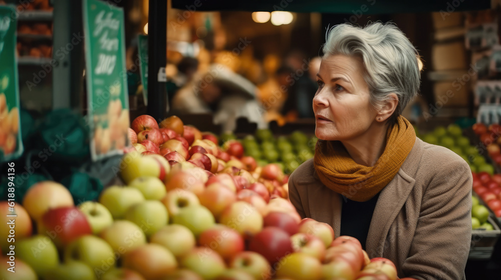 Beautiful mature woman shopping apples at a fruit stand in the supermarket. Generative AI Beautiful mature woman shopping apples at a fruit stand in the supermarket. Generative AI