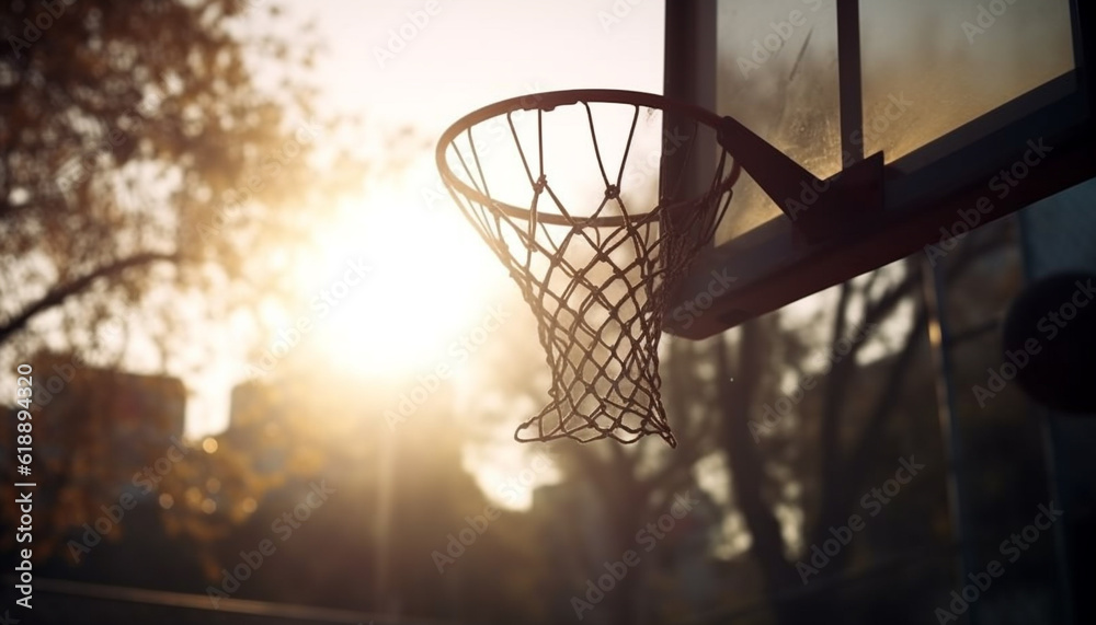 Sunset basketball game, scoring success under hoop generated by AI
