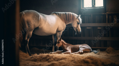 A horse with a newborn foal in a stall. Beautiful horse family, unique birth photography. Created in ai.