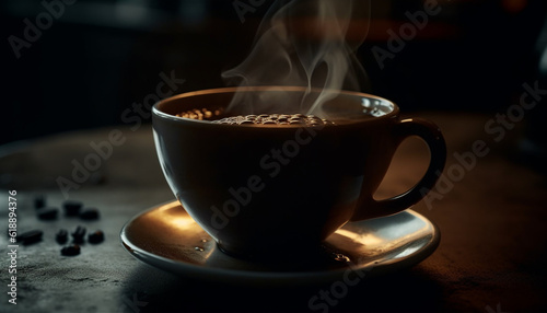 Frothy cappuccino on rustic wooden table background generated by AI