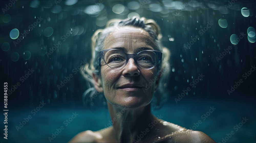 Mature woman relaxing while swimming in pool. Generative Ai Mature woman relaxing while swimming in pool. Generative Ai