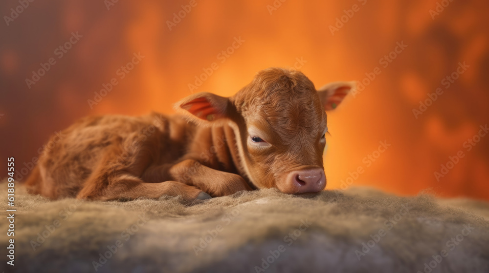 Little newborn brown calf in a photo studio. Beautiful baby cow. Created in ai. Little newborn brown calf in a photo studio. Beautiful baby cow. Created in ai.