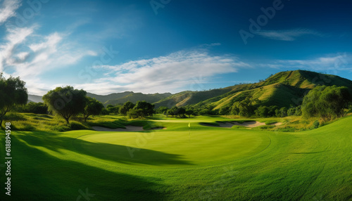 Green landscape, tranquil golf course, idyllic nature generated by AI