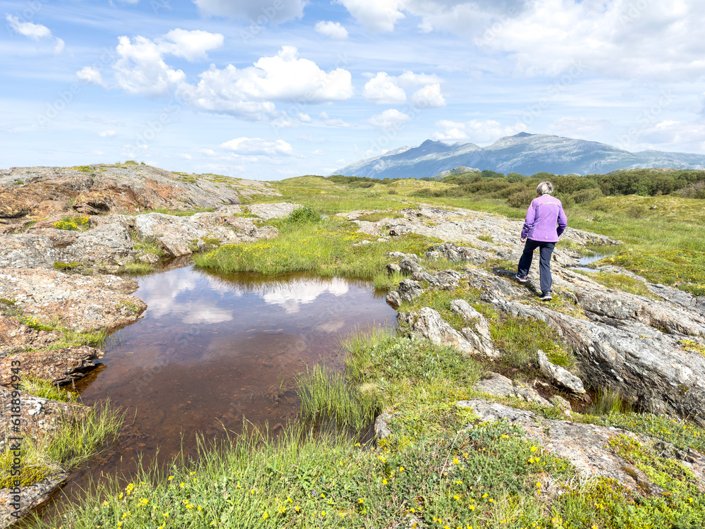 Landscape with  woman and blue sky on Helgeland coast,Nordland county,Norway