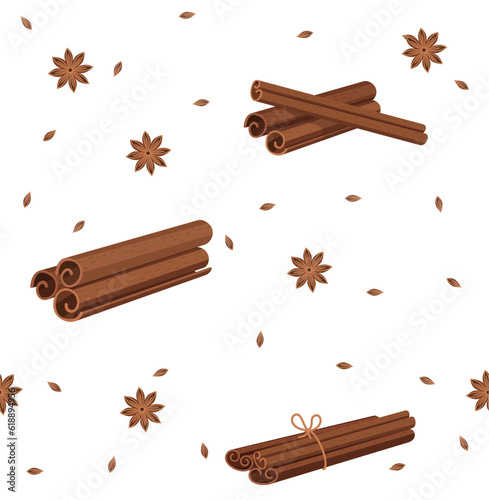 Cinnamon. Seamless pattern with cinnamon sticks bark. For packaging, textile, print, template, card. Vector illustration