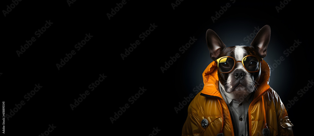 A portrait of a funky boston terrier dog wearing sunglasses, yellow jacket on a seamless black background, copy space for text. Generative AI technology