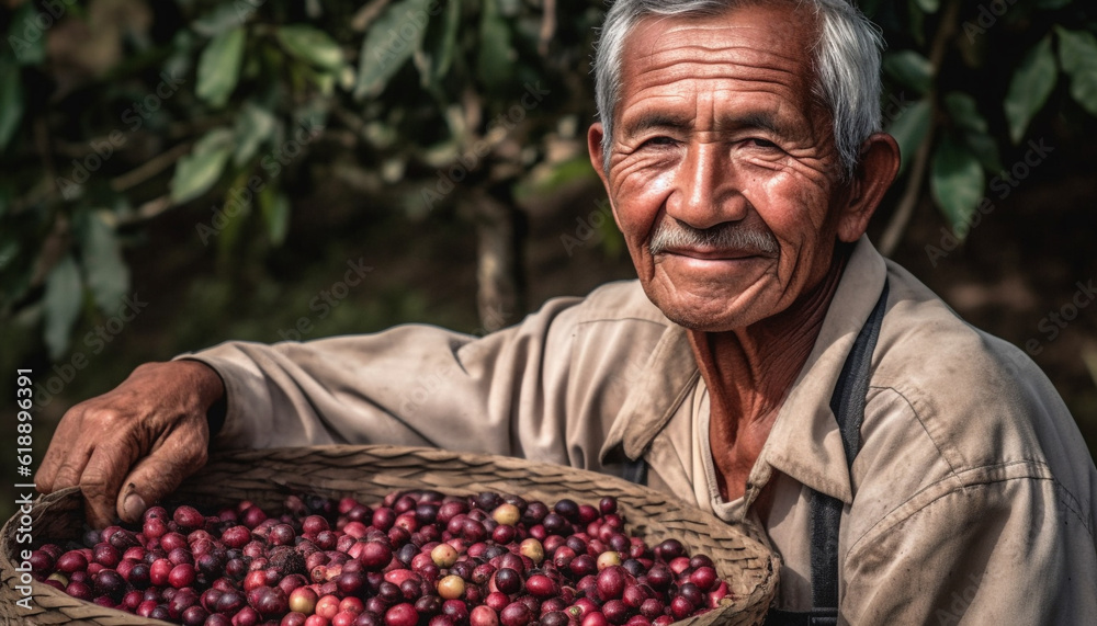 Smiling senior men harvesting ripe organic grapes generated by AI