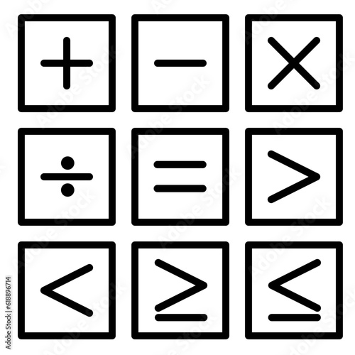 math symbol icon set outline with square frame button