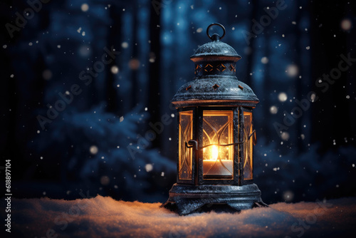 Lantern with burning candle on a snowy winter night. Generative AI.
