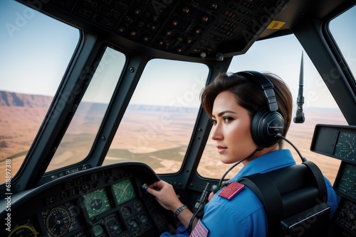 Smiling female pilot in the light aircraft cockpit, she is holding aviator headset and looking at camera. Generative AI