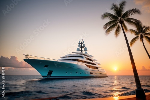 Luxury yacht against the sunset. silhouette super yacht vacation lifestyle landscape. Yachting tourism A romantic trip on a luxury yacht at sea sunset. Generative AI