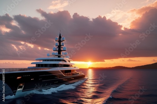 White yacht deck sailing on sea waves on evening sunset. Sea voyage on luxury yacht. Clear blue sky above horizon. Concept of success, travel cruise, lifestyle, freedom. No people. Generative AI