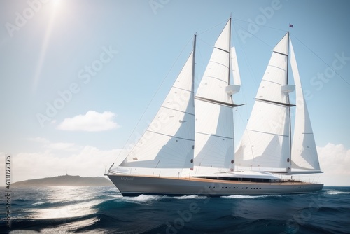 Aerial photography of yacht with white sails in dark blue open space. The good wind fills sails on a sunny summer day. Generative AI