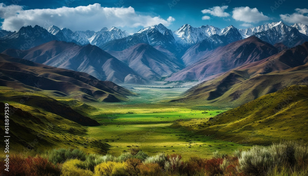 Majestic mountain range, tranquil meadow, serene landscape generated by AI