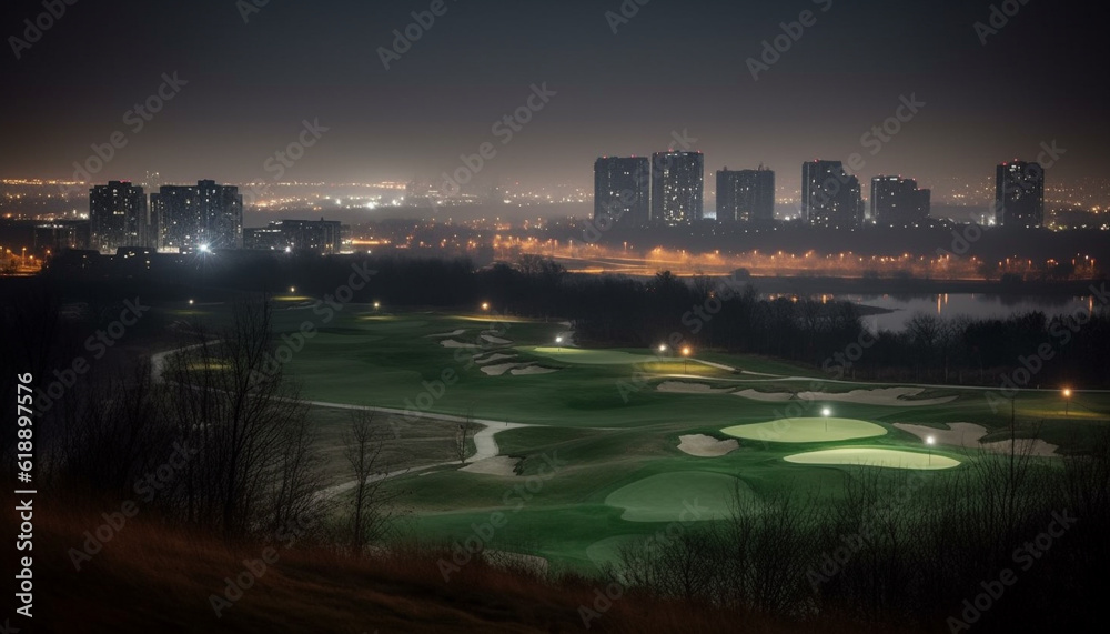 Golf course at dusk, tranquil beauty illuminated generated by AI