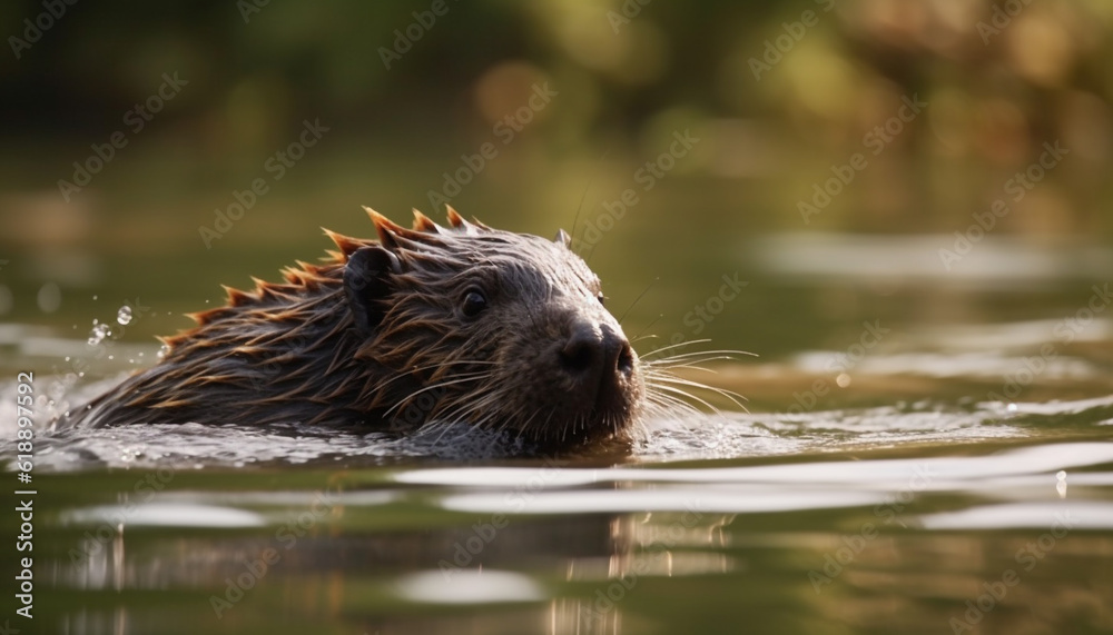 Cute beaver with fat whiskers floating peacefully generated by AI Cute beaver with fat whiskers floating peacefully generated by AI
