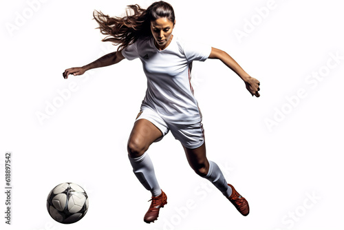Fototapete Beautiful female soccer player kicking ball with heel