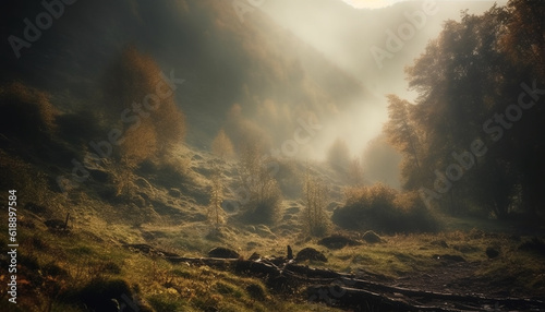 Mysterious fog shrouds tranquil forest landscape generated by AI