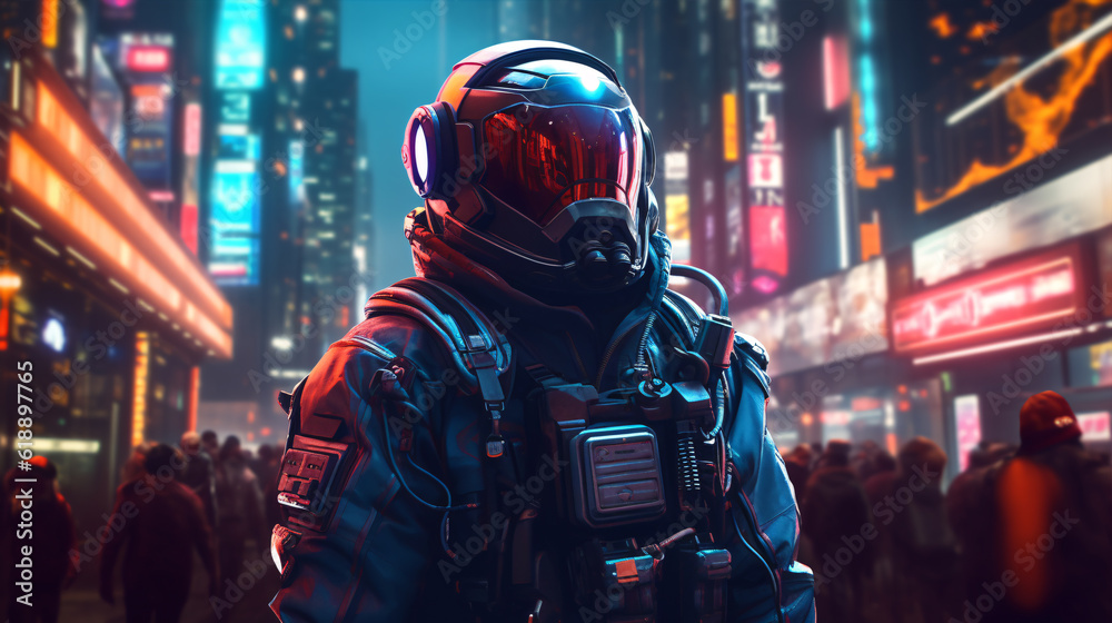 Neon night front view astronaut illustration of the astronaut in futuristic neon lit cyberpunk city Neon night front view astronaut illustration of the astronaut in futuristic neon lit cyberpunk city
