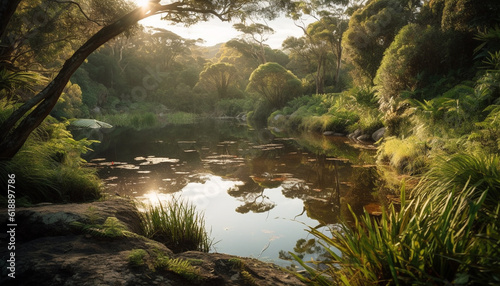 Tranquil scene of a tropical rainforest pond generated by AI