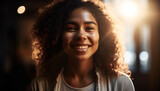 Beautiful young woman with curly hair smiling generated by AI