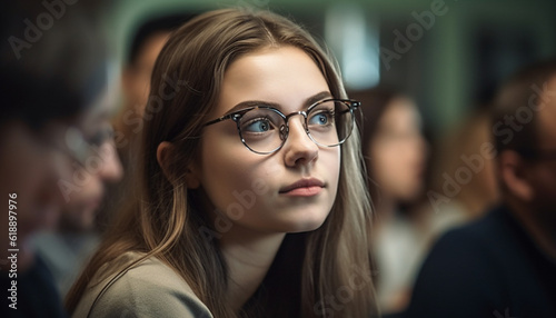 Young adult women in eyeglasses smiling indoors generated by AI