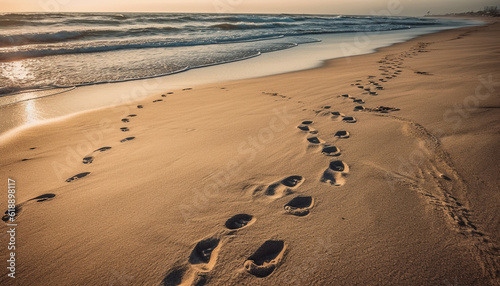 Sunset on tranquil coastline  human foot imprint generated by AI