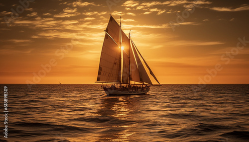 Sailing yacht glides through tranquil sunset seascape generated by AI