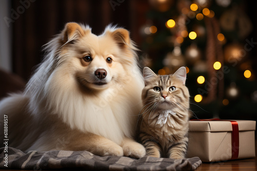 A dog and a cat sitting next to a christmas tree. Generative AI. Christmastime, christmas celebration.