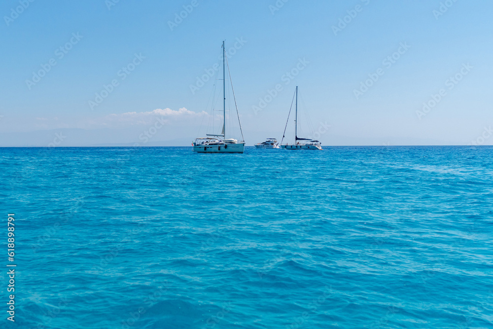 Beautiful seascape with sailing yachts in summer on sunny day aerial view. Travel, hobby concept