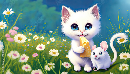 drawing of a white kitten with blue eyes smiling full length in a field of flowers