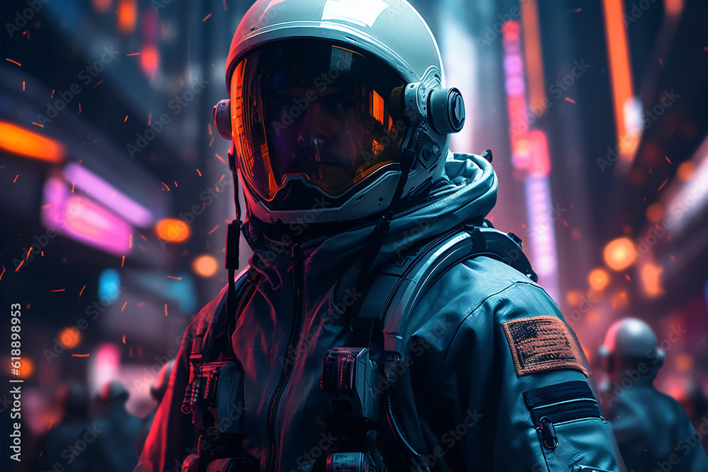 Neon night front view astronaut illustration of the astronaut in futuristic neon lit cyberpunk city