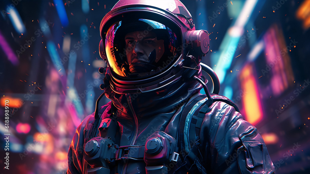 Neon night front view astronaut illustration of the astronaut in futuristic neon lit cyberpunk city Neon night front view astronaut illustration of the astronaut in futuristic neon lit cyberpunk city