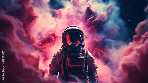 Illustration of man in space suit inside softly glowing pink and blue galactic cloud. Peaceful galaxy astronaut. Retrowave. photo