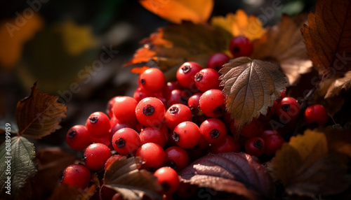 Ripe rowanberries adorn autumn maple tree branches generated by AI